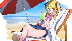 1girl absurdres ankle_scrunchie arm_behind_head beach blonde_hair blue_ribbon blue_sarong bow chair cocktail_glass convenient_censoring crossed_legs cup drinking drinking_glass green_eyes hibikisan highres holding holding_cup id_card lab_coat long_hair looking_at_viewer lounge_chair navel no_bra ocean original outdoors parasol pink_bow pink_scrunchie reclining red-framed_eyewear ribbon round_eyewear sandals sarong scrunchie sky solo twintails umbrella wrist_scrunchie