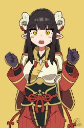 1girl black_gloves black_hair blush commentary_request eyeshadow gloves hair_ornament highres japanese_clothes kimono long_hair long_sleeves looking_at_viewer makeup minoto mocha_mh monster_hunter_(series) monster_hunter_rise open_mouth pointy_ears red_eyeshadow signature simple_background solo sweatdrop yellow_background yellow_eyes
