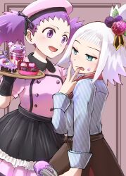 :d :p alternate_costume alternate_hairstyle black_gloves black_skirt blue_eyes character-themed_food creatures_(company) food food_on_face food_on_hand freckles game_freak gen_1_pokemon gen_5_pokemon gloves hat highres holding holding_tray holding_whisk janine_(pokemon) koffing long_sleeves looking_at_another makita_(mugitya3776) nintendo open_mouth pokemon pokemon_bw2 pokemon_hgss purple_eyes purple_hair roxie_(pokemon) shirt skirt smile striped_clothes striped_shirt tongue tongue_out tray twintails v whirlipede whisk white_hair white_headwear