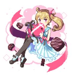 1girl ahoge blonde_hair box chocolate dress gift heart-shaped_box lowres original oyuzaki_(ayuzaki) pantyhose pink_eyes pixel_art ribbon side_ponytail solo valentine white_dress