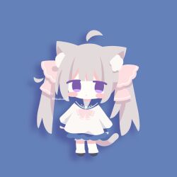 1girl ahoge animal_ear_fluff animal_ears black_shoes blue_background blue_sailor_collar blush_stickers bow cat_ears cat_girl cat_tail chibi closed_mouth dress full_body grey_hair hair_ribbon highres long_sleeves looking_at_viewer nakkar original pink_bow pink_ribbon puffy_long_sleeves puffy_sleeves purple_eyes ribbon sailor_collar sailor_dress shoes simple_background sleeves_past_wrists socks solo standing star_(symbol) tail twintails twitter_username white_dress white_socks