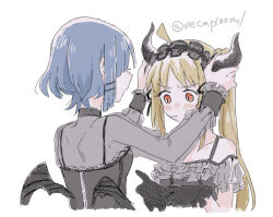 2girls black_gloves blonde_hair blue_hair bocchi_the_rock! costume facing_another gloves horn_hairband ijichi_nijika multiple_girls recap100ml yamada_ryo