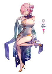 1girl alternate_costume bare_legs bare_shoulders breasts character_name china_dress chinese_clothes commentary_request covered_navel detached_sleeves dress elbow_gloves eyes_visible_through_hair fate/grand_order fate_(series) gloves hair_bun hair_ornament hair_over_one_eye high_heels highres large_breasts looking_at_viewer mash_kyrielight mebaru parted_lips pink_hair purple_eyes shoes short_hair simple_background single_hair_bun sitting sleeveless sleeveless_dress solo thighs white_background white_dress white_gloves yellow_shoes