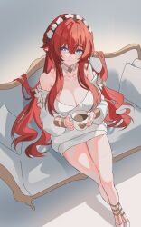 1girl absurdres blue_eyes breasts chinese_commentary cleavage coffee coffee_mug commentary_request couch crossed_ankles cup dress evzeva from_above head_wreath highres holding holding_cup honkai:_star_rail honkai_(series) large_breasts long_hair mug on_couch pointy_ears red_hair sitting smile solo sweater sweater_dress tribios_(honkai:_star_rail) very_long_hair white_dress