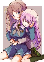 Rule 34 | 2girls, :3, = =, absurdres, bang dream!, bang dream! it&#039;s mygo!!!!!, blue serafuku, blue shirt, blue skirt, border, breasts, brown hair, chihaya anon, chinese commentary, closed eyes, closed mouth, commentary request, fang, green skirt, green socks, grey eyes, grey neckerchief, hand on another&#039;s cheek, hand on another&#039;s face, haneoka school uniform, highres, hug, hug from behind, kneehighs, long hair, long sleeves, medium breasts, multiple girls, nagasaki soyo, neckerchief, no shoes, open mouth, parted bangs, pink hair, plaid clothes, plaid skirt, pleated skirt, school uniform, serafuku, shirt, sidelocks, sitting, skirt, socks, tsukinomori school uniform, wariza, white border, yellow background, yuri, zhong xiansheng
