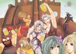 1990s_(style) 3girls 6+boys aircraft airship alcohol armor barrel beard beer blonde_hair cain_highwind cecil_harvey cid_pollendina cup edward_geraldine closed_eyes facial_hair final_fantasy final_fantasy_iv edward_chris_von_muir gloves goggles green_eyes green_hair hair_ornament hat headband helmet long_hair moon mug multiple_boys multiple_girls mustache open_mouth palom peso_kongari ponytail porom purple_eyes rosa_farrell rydia_(ff4) ship short_hair silver_hair tiara watercraft yang_fang_leiden