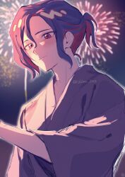 Rule 34 | 1boy, aerial fireworks, artist name, blue hair, blush, ch1wa l0ve, colored inner hair, commentary, fireworks, gundam, gundam gquuuuuux, hair between eyes, half-closed eyes, highres, japanese clothes, kimono, light blush, light smile, multicolored hair, night, night sky, outstretched arm, ponytail, purple hair, purple kimono, reaching, red eyes, short ponytail, shuji ito, sky, solo, twitter username, two-tone hair, wavy hair, yukata