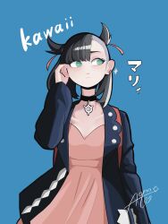 1girl absurdres aono_leo1 asymmetrical_bangs backpack bag black_choker black_jacket blue_background blush character_name choker closed_mouth collarbone dress earrings facing_viewer green_eyes hair_ribbon hand_up highres jacket jewelry marnie_(pokemon) nintendo pink_dress pokemon pokemon_swsh ribbon romaji_text sideways_glance signature simple_background single_earring solo twintails undercut