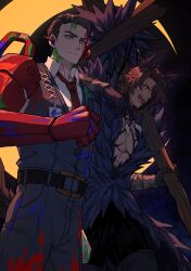 Rule 34 | 2boys, animal ears, arm wrap, bare pectorals, black hair, black pants, black vest, blood, brown hair, closed mouth, coat, collared shirt, crescent moon, dark-skinned male, dark skin, e.g.o (project moon), green eyes, heathcliff (project moon), highres, killerohan, limbus company, long sleeves, looking at viewer, male focus, meursault (project moon), moon, multiple boys, necktie, open mouth, paint splatter, pants, pectorals, project moon, purple coat, purple eyes, red necktie, scar, screwloose wallop (e.g.o), sharp teeth, shirt, short hair, simple background, standing, teeth, telepole (e.g.o), upper body, vest, white shirt, wolf ears