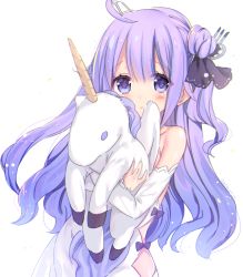 1girl ahoge azur_lane bare_shoulders black_bow black_ribbon blush bow commentary_request detached_sleeves dress female_focus hair_between_eyes hair_bun hair_ornament hair_ribbon hugging_object long_hair long_sleeves looking_at_viewer one_side_up parted_lips purple_eyes purple_hair ribbon side_bun simple_background single_hair_bun single_side_bun sleeves_past_wrists solo stuffed_animal stuffed_pegasus stuffed_toy stuffed_unicorn stuffed_winged_unicorn unicorn_(azur_lane) very_long_hair white_background white_dress yuasa_akira