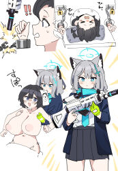 ! !! &gt;_&lt; 2girls :&lt; absurdres animal_ear_fluff animal_ears assault_rifle black_hair black_skirt blazer blue_archive blue_eyes blue_halo blue_jacket blue_scarf breasts chained_wrists cross_hair_ornament doodle_sensei_(blue_archive) female_sensei_(blue_archive) gloves green_gloves grey_hair gun hair_ornament halo highres holding holding_gun holding_weapon jacket large_breasts multiple_girls nipples open_mouth paper_on_head rifle scarf sensei_(blue_archive) shiroko_(blue_archive) shirt short_hair skirt through_wall weapon white_shirt wolf_ears zea_lark