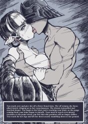 1boy 1girl blush breasts colored_inner_hair ear_piercing earrings english_text french_kiss gekikara_(tomboy-sama) helm helmet highres hoop_earrings jewelry kiss multicolored_hair original piercing pointy_ears robe sex standing standing_sex toned two-tone_hair witch