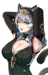 1girl animal_ears animal_hood armpits arms_behind_head black_leotard blue_eyes breasts cat_ears cat_girl cat_hood cat_tail cipher_(honkai:_star_rail) commentary grey_hair highres honkai:_star_rail honkai_(series) hood hooded_leotard large_breasts leotard looking_at_viewer one_eye_closed open_mouth quirelldied short_hair_with_long_locks simple_background solo tail upper_body white_background