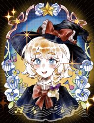 1girl absurdres artist_request black_capelet black_hat blonde_hair blue_eyes blush bow bowtie braid bright_pupils capelet commission cookie_(touhou) flower hair_bow hat hat_bow highres kirisame_marisa looking_at_viewer meguru_(cookie) musical_note open_mouth red_bow red_bowtie second-party_source short_hair side_braid single_braid smile solo sparkle star_(symbol) teeth touhou upper_body upper_teeth_only white_flower white_pupils witch_hat