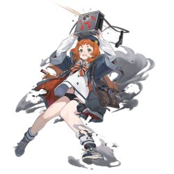 1girl :d bag bandaid bandaid_on_knee bandaid_on_leg beret black_shoes black_shorts bow bowtie box brown_bag buckle bullet_hole burger_hat_ornament burnt_clothes can candy coat container crossed_bandaids dazhangfu donation_box drink_can food freckles full_body girls&#039;_frontline green_eyes grey_coat grey_hat gun h&amp;k_vp9 handgun hat highres holding holding_box long_hair long_sleeves looking_up midriff_peek official_art open_clothes open_coat open_mouth orange_hair oreo pouch projectile_trail red_bow red_bowtie shirt shoes short_shorts shorts sidelocks simple_background sleeves_past_wrists smile smoke snap-fit_buckle sneakers snickers_(brand) socks soda_can solo striped_clothes striped_socks thigh_pouch thigh_strap third-party_source torn_clothes torn_coat torn_shirt torn_socks transparent_background very_long_hair vp9_(girls&#039;_frontline) weapon white_shirt wide_sleeves wrapped_candy