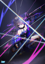 1girl absurdres black_jacket black_shirt black_skirt black_thighhighs chest_jewel gem grey_hair highres holding holding_sword holding_weapon hololive hololive_english jacket jewel_under_eye koseki_bijou koseki_bijou_(casual) looking_at_viewer metal_wings official_alternate_costume official_alternate_hairstyle purple_eyes purple_gemstone shirt short_hair single_thighhigh skirt solo spread_legs squatting sword thighhighs tomato_(sword) virtual_youtuber weapon zendrawr