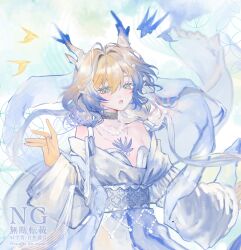 Rule 34 | 1girl, :o, ambience synesthesia, arknights, bare shoulders, bird, blonde hair, blue bird, blue hair, breasts, choker, collarbone, colored extremities, colored skin, dress, eastern dragon horns, gradient hair, grey eyes, grey hair, hair intakes, hair over one eye, hand up, highres, jewelry, long hair, long sleeves, looking at viewer, multicolored hair, necklace, off-shoulder dress, off shoulder, official alternate costume, parted lips, pearl necklace, pointy ears, shu (arknights), shu (bingwenyuyou) (arknights), sidelocks, signature, small breasts, solo, watermark, white dress, wide sleeves, yellow bird, yellow skin, yuuki (yukitomoka)