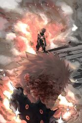 Rule 34 | 1boy, absurdres, bakugou katsuki, bel (slbelen ), blonde hair, blood, blood in hair, blood on face, boku no hero academia, closed mouth, commentary, eyelashes, from side, highres, lips, male focus, nose, red eyes, short hair, signature, smoke, solo, spiked hair, standing, superhero costume, teeth
