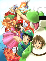 1-up_mushroom 1up 2boys 4girls asahina_mikuru asakura_ryoko bad_id bad_pixiv_id bar_censor bowser bowser_(cosplay) bt_(shio_oninko) buri censored cosplay crown fire fire_emblem hat censored_identity koizumi_itsuki koopa kyon leash luigi luigi_(cosplay) mario mario_(cosplay) mario_(series) marth_(fire_emblem) multiple_boys multiple_girls mushroom nagato_yuki nintendo no_bra overalls parody princess_peach princess_peach_(cosplay) super_smash_bros. suzumiya_haruhi suzumiya_haruhi-chan_no_yuuutsu suzumiya_haruhi_no_yuuutsu yoshi yoshi_(cosplay)