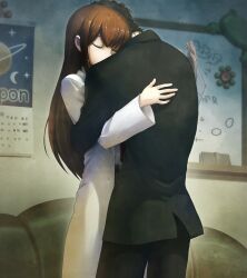 1boy 1girl 2015 black_hair black_jacket black_pantyhose black_shorts breasts brown_hair calendar_(object) closed_eyes collared_shirt couple future_gadget_lab game_cg hair_between_eyes hair_over_shoulder hand_on_another&#039;s_back highres hug huke indoors jacket lab_coat long_hair makise_kurisu non-web_source official_art okabe_rintarou okabe_rintarou_(beta) open_mouth pantyhose purple_trim saturn_(planet) shirt short_hair shorts small_breasts standing steins;gate steins;gate_0 white_shirt whiteboard