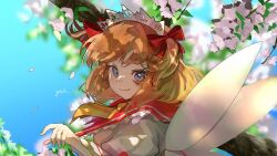 1girl blue_eyes blurry blurry_background bow branch cherry_blossoms cherry_tree commentary dappled_sunlight day eneshi fairy_wings falling_petals fang floating_hair frilled_sailor_collar frills from_side hair_bow hairband hand_up highres looking_at_viewer multiple_hair_bows orange_hair outdoors petals pink_petals portrait red_bow red_sailor_collar sailor_collar shirt skin_fang solo sunlight sunny_milk touhou translucent tree two_side_up white_hairband white_headdress white_shirt white_wings wings