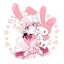 animal_ears animal_hood capelet fake_animal_ears heart heart_hands hood hunter_x_hunter killua_zoldyck layered_sleeves long_sleeves my_melody pink_capelet pink_hood pink_theme rabbit_ears rabbit_hood sanrio short_over_long_sleeves short_sleeves smcms-m spiked_hair white_hair