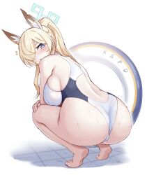 Rule 34 | 1girl, animal ear fluff, animal ears, ass, blonde hair, blue archive, blue eyes, blue halo, blush, breasts, competition swimsuit, dog ears, hair over one eye, halo, highleg, highleg one-piece swimsuit, highres, innertube, kanna (blue archive), kanna (swimsuit) (blue archive), large breasts, long hair, looking at viewer, looking back, official alternate costume, one-piece swimsuit, ponytail, shinonome (shinonome rynn), solo, squatting, swim ring, swimsuit, whistle, whistle around neck, white one-piece swimsuit