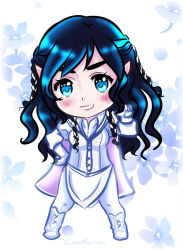 Rule 34 | 1girl, aredhel, artist name, blue eyes, blue hair, blush, boots, braid, breasts, cape, chibi, cinemairon, collar, elf, eyelashes, female focus, flower, full body, gloves, looking at viewer, parted lips, pointy ears, princess, smile, solo, standing, teeth, the silmarillion, tolkien&#039;s legendarium, twin braids