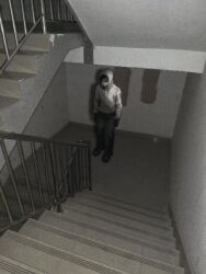 Rule 34 | 1boy, atmospheric perspective, black eyes, black gloves, cry of fear, denim, dim lighting, explosivepuddin, gloves, grey hoodie, highres, hood, hood up, hoodie, jeans, male focus, multiple monochrome, muted color, pants, railing, shadow, simon henriksson, solo, stairs, stairwell, standing