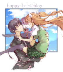 1boy 1girl ^_^ birthday black_hair black_suit black_thighhighs blue_sky blush bouquet breasts brother_and_sister ca2la closed_eyes closed_mouth cloud commentary_request cowboy_shot english_text eyes_visible_through_hair facing_another feet_out_of_frame floating_hair flower formal_clothes green_shirt green_skirt hair_between_eyes hair_ornament half-closed_eyes happy happy_birthday highres holding holding_bouquet hug impossible_clothes lens_flare lips long_hair looking_at_another medium_breasts miniskirt no_shoes ootori_chihaya ootori_sakuya open_mouth orange_hair plaid_clothes plaid_skirt pleated_skirt profile puffy_short_sleeves puffy_sleeves purple_flower red_eyes rewrite school_uniform shirt short_sleeves siblings sidelocks simple_background skirt sky smile standing straight_hair suit teeth thighhighs two_side_up upper_teeth_only very_long_hair white_background white_shirt wing_hair_ornament zettai_ryouiki