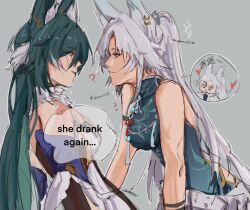 2girls ? animal_ears chinese_text commentary drunk english_commentary english_text feixiao_(honkai:_star_rail) fox_ears fox_girl green_hair green_shirt grey_background grey_hair heart highres honkai:_star_rail honkai_(series) long_hair multiple_girls ponytail shirt sleeveless sleeveless_shirt speech_bubble the_quipper thought_bubble translated yukong_(honkai:_star_rail)