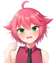 1girl ahoge bare_shoulders black_necktie collared_shirt commentary_request fang furrowed_brow green_eyes hair_between_eyes hair_flaps hand_up head_tilt highres hoshino_reiji light_blush long_eyelashes looking_at_viewer necktie open_mouth original pink_hair pink_shirt portrait shirt short_hair sidelocks sleeveless sleeveless_shirt solo sweatdrop wavy_mouth white_background