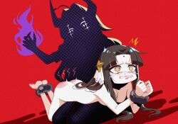 Rule 34 | 2girls, absurdres, all fours, ass, ass smack, bent over, blush, breasts, closed mouth, cross, cross facial mark, facial mark, femdom, forward-facing horns, handprint, highres, horns, long hair, lord enorme, lying on lap, magia baiser, mahou shoujo ni akogarete, medium breasts, multiple girls, nikou project, nose blush, open mouth, over the knee, punishment, silhouette, simple background, slap mark, slapping, spanked, spanking, symbol-shaped pupils, tearing up, tears, trembling, wavy mouth, yuri