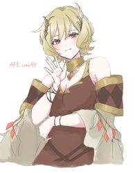 Rule 34 | 1girl, bare shoulders, blonde hair, breasts, citrinne (fire emblem), cleavage, closed mouth, fire emblem, fire emblem engage, hair ornament, looking at viewer, medium breasts, nintendo, sayaka (fe uma274), smile, solo, waving, wing hair ornament