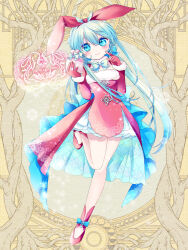 Rule 34 | 1girl, animal ears, blue bow, blue bowtie, blue eyes, blush, bow, bowtie, dairoku ryouhei, dress, fake animal ears, full body, fur-trimmed dress, fur trim, gift, gloves, hair bow, highres, holding, holding gift, index finger raised, koizumi ginka, low twintails, merry christmas, red dress, red gloves, red shoes, royaltea87, shoes, smile, solo, standing, standing on one leg, twintails, yellow background