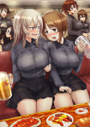 Rule 34 | 6+girls, absurdres, akaboshi koume, alcohol, arm grab, beer, beer can, beer mug, black hair, black skirt, blue eyes, blush, bread, breath, brown eyes, brown hair, can, commentary request, commission, couch, crossed arms, cup, dress shirt, drink can, drunk, eating, fang, food, girls und panzer, glasses, grey hair, grey shirt, half-closed eyes, hand on another&#039;s thigh, hida ema, highres, holding, holding can, holding cup, indoors, insignia, itsumi erika, katsuya megu, kuromorimine school uniform, long sleeves, looking at another, medium hair, miniskirt, mug, multiple girls, nabeyu, nishizumi maho, nishizumi miho, on couch, open mouth, partial commentary, pixiv commission, plate, pleated skirt, sausage, school uniform, shirt, short hair, siblings, sisters, sitting, skirt, standing, textless version, wavy hair, wing collar