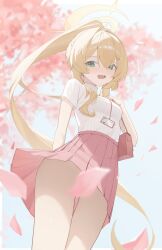 1girl absurdres alternate_costume blonde_hair blue_archive gmi_(jimmyovob) green_eyes halo highres pink_skirt pinstripe_pattern pinstripe_shirt professor_niyaniya_(blue_archive) shirt skirt solo striped_clothes striped_shirt vertical-striped_clothes white_shirt yellow_halo