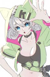 Rule 34 | 1girl, animal hood, belt collar, black shirt, blue eyes, breasts, cat hood, cleavage, collar, collarbone, commentary request, dmr pic, green hood, highres, honkai (series), honkai impact 3rd, hood, kiana kaslana, kiana kaslana (knight moonbeam), kiana kaslana (lemon soda), large breasts, midriff, navel, official alternate costume, open mouth, paw print, shirt, short hair, solo, teeth, tied shirt, twitter username, upper teeth only, white hair