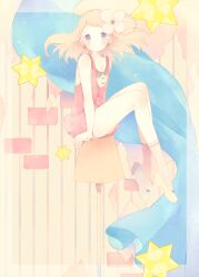 1girl absurdres asaka_yumetsuki bare_arms bare_legs blonde_hair blue_bow blue_eyes bow braid buttons camisole closed_mouth earrings flats floating_hair flower footwear_bow hair_flower hair_ornament hexagram highres jewelry knees_up lamp light_particles light_smile long_hair looking_at_viewer original pastel_colors pink_camisole side_braid sitting socks solo star_(symbol) star_of_david striped_background