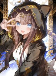 1girl :d absurdres ankh arknights arm_up between_fingers black_jacket black_ribbon blue_eyes blush brown_hair brown_tail eyes_visible_through_hair fang flower gold head_chain highres holding hood hood_up jacket jewelry long_hair long_sleeves neck_ribbon noyu_(noyu23386566) open_clothes open_jacket open_mouth pepe_(arknights) ribbon signature skin_fang smile solo sparkle tail tail_ornament tail_ring two-sided_fabric two-sided_jacket upper_body w watermark white_flower yellow_jacket