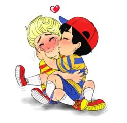 artist_request bad_tag black_hair blush child hat kiss lucas_(mother_3) mother_(series) mother_2 mother_3 ness_(mother_2) nintendo shirt shota smile striped_clothes striped_shirt super_smash_bros.