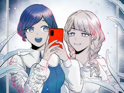 Rule 34 | 2girls, alternate costume, alternate hairstyle, b1ue e4rth, blue eyes, blue hair, blue theme, braid, cellphone, collared shirt, commentary, diagonal bangs, frilled shirt, frilled sleeves, frills, fukurai azami, hands up, hashtag-only commentary, holding, holding phone, jasmine (toshi densetsu kaitai center), limited palette, long sleeves, looking at another, multiple girls, open mouth, phone, shirt, short hair, smartphone, smile, spot color, toshi densetsu kaitai center, twin braids, upper body