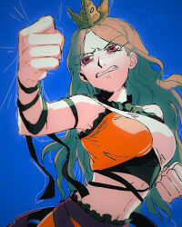 Rule 34 | 1girl, arm ribbon, armpits, bare shoulders, blue background, breasts, chirizuka ubame, clenched hands, commentary request, crop top, eyelashes, grey hair, hands up, headpiece, long hair, looking afar, medium breasts, midriff, navel, orange skirt, orange tank top, purple eyes, raya (uk 0128), ribbon, simple background, skirt, solo, tank top, teeth, touhou, two-tone tank top, v-shaped eyebrows, wavy hair, white tank top