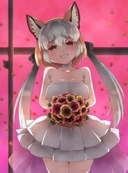 1girl absurdres animal_ears bouquet brown_hair choker dress drias extra_ears flower fox_ears fox_girl grey_hair highres island_fox_(kemono_friends) kemono_friends kemono_friends_v_project long_hair looking_at_viewer pink_background ribbon simple_background solo twintails virtual_youtuber wedding_dress white_dress yellow_eyes