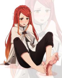 1girl absurdres artntai barefoot blush brown_eyes feet footjob highres karnatia_seri_anabald kumo_desu_ga_nani_ka? long_hair looking_at_viewer open_mouth precum red_hair soles toes