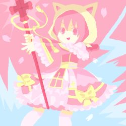 1girl animal_hood arch_bishop_(ragnarok_online) bow cat_hood commentary_request cowboy_shot crosier cross doroidsan dress dress_bow frilled_dress frilled_sleeves frills holding holding_staff hood hood_up long_sleeves looking_at_viewer lowres no_lineart official_alternate_costume open_mouth pink_dress pink_eyes pink_hair pink_sash pink_theme ragnarok_online sash short_hair smile solo staff yellow_bow