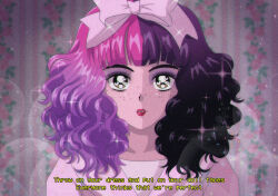 1girl black_hair blunt_bangs blush brenni_murasaki clip_studio_paint_(medium) cry_baby_(melanie_martinez) dress english_text frilled_dress frilled_sleeves frills lipstick makeup melanie_martinez multicolored_hair real_life ribbon solo two-tone_hair