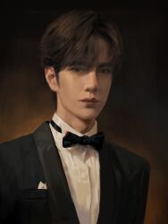 1boy asian black_bow black_bowtie black_eyes black_jacket blazer bow bowtie breast_pocket brown_background brown_hair character_request chinese_commentary closed_mouth collared_jacket collared_shirt copyright_request eyelashes formal_clothes gradient_background handkerchief high_collar highres jacket long_sleeves looking_at_viewer male_focus parted_bangs pocket realistic red_lips shirt short_hair solo striped_clothes striped_shirt thick_eyebrows thick_lips traditional_bowtie tuxedo upper_body vertical-striped_clothes vertical-striped_shirt white_shirt ye_dian_pikaqiu
