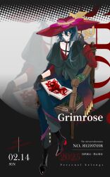 Rule 34 | 1boy, 2015, absurdres, androgynous, asymmetrical sleeves, black boots, black collar, black gloves, blue eyes, blue hair, blue pants, book, book on lap, boots, capelet, chair, character name, chinese text, closed mouth, collar, collarbone, colored shoe soles, crossed legs, denim, double-parted bangs, english text, full body, gloves, gold buttons, gradient background, green capelet, grimrose (plants vs. zombies), hair between eyes, halftone, halftone background, hand up, hat, high heel boots, high heels, highres, jeans, large hat, letterboxed, long hair, long sleeves, looking at viewer, male focus, mixed-language text, on chair, open book, pants, personification, plants vs. zombies, plants vs. zombies 2, red hat, red shirt, shirt, siiiiiiiiiii, simple background, sitting, smile, solo, uneven sleeves, white background, wooden chair, zoom layer