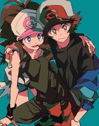 1boy 1girl arm_around_shoulder bad_id bad_pixiv_id baseball_cap black_shirt blue_background blue_eyes blue_jacket brown_eyes brown_hair denim denim_shorts exposed_pocket hat hilbert_(pokemon) hilda_(pokemon) jacket looking_at_viewer nintendo pokemon pokemon_bw red_shoes shirt shoes shorts zianazu
